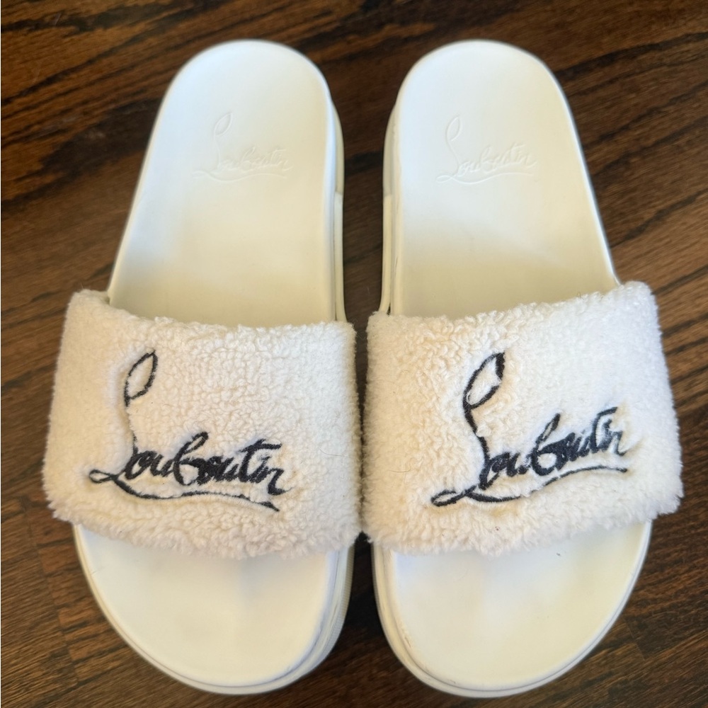 Christian Louboutin Off-White Faux Fur Slides - Size 39.5
